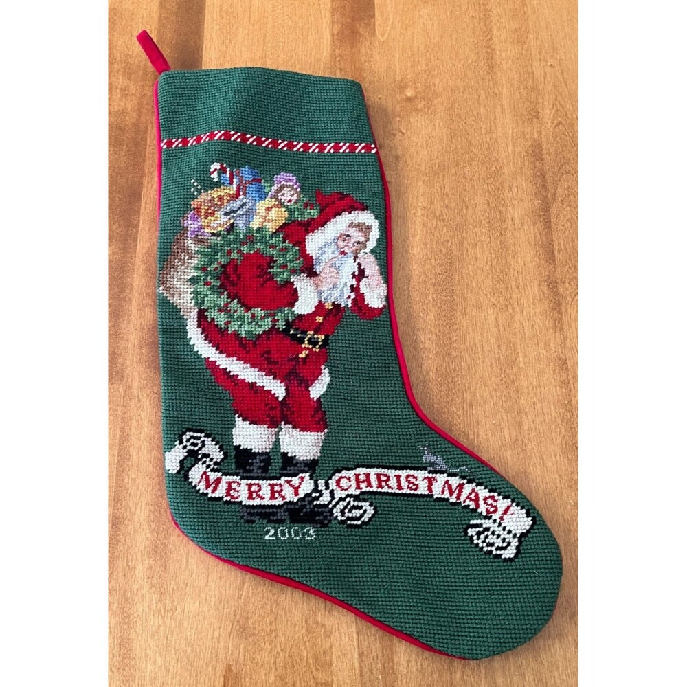 Lands End Needlepoint Christmas Stocking Santa Claus Holiday Velvet Backing 2003
